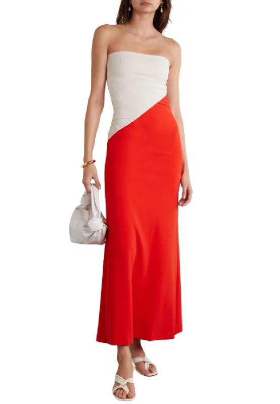 Red and Ivory Strapless Colour Block Maxi Dress