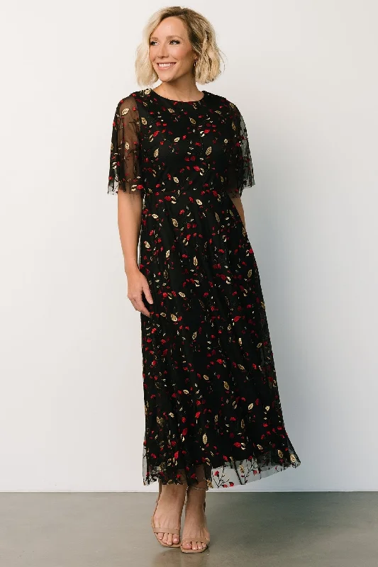 Arabella Embroidered Tulle Maxi Dress | Black + Red