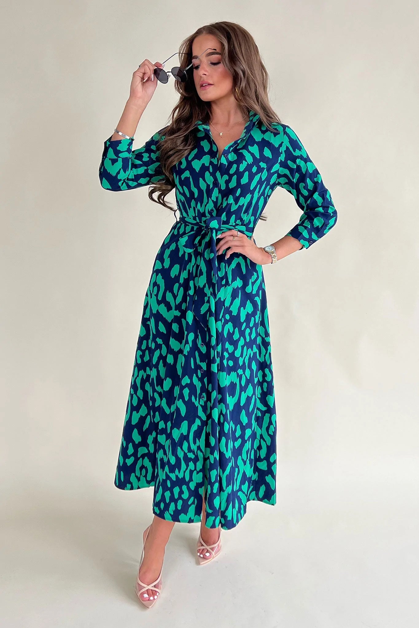 Breanna Navy Green Print Shirt Pocket Maxi Dress