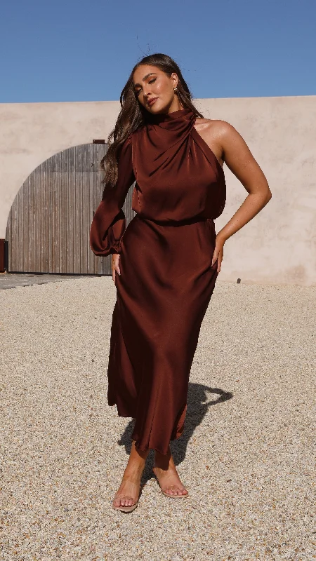 Esther One Shoulder Long Sleeve Dress - Brown