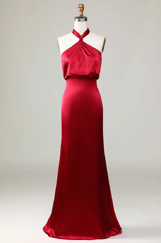 Mermaid Halter Sleeveless Burgundy Bridesmaid Dress