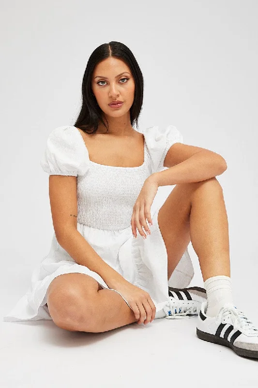 White Fit and Flare Dress Short Sleeve Shirred