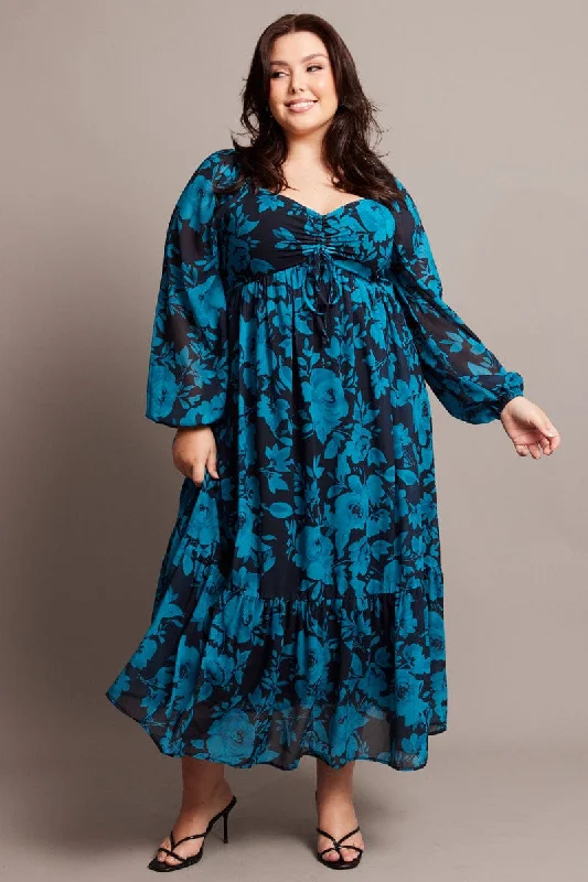 Black Floral Midi Dress Long Sleeve Ruched Front