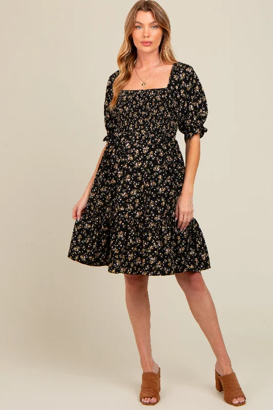 Black Floral Smocked Puff Sleeve Maternity Dress