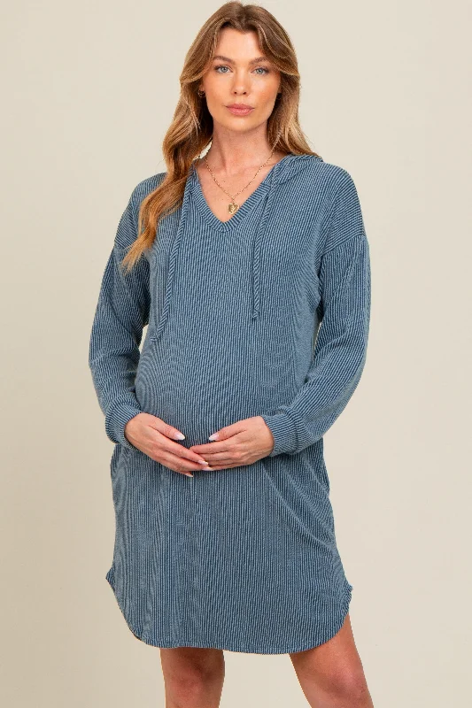 Blue Ribbed Hoodie Maternity Dress