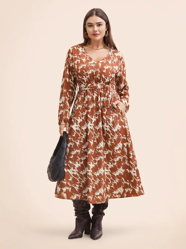 Brush Print Lantern Sleeve Belted Dress