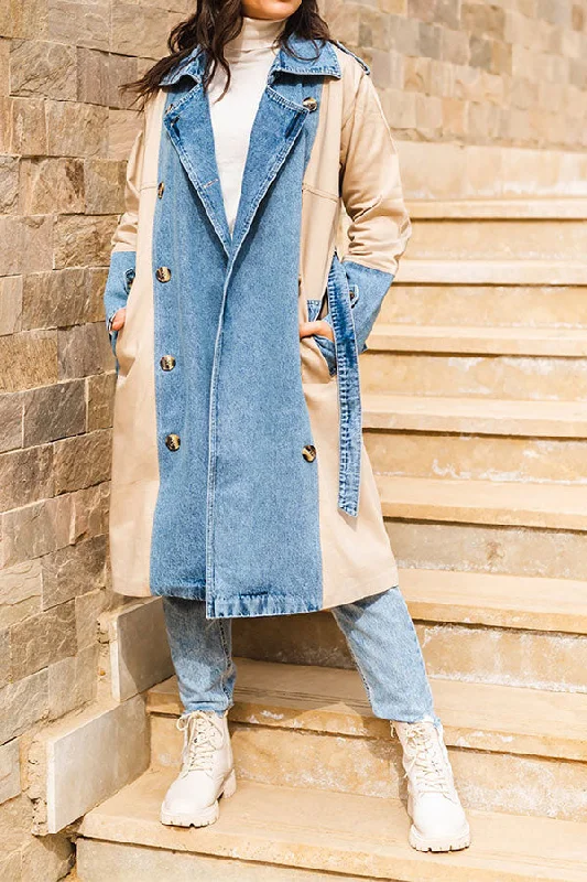 Color Block Patchwork Denim Classic Belted Trench Coat