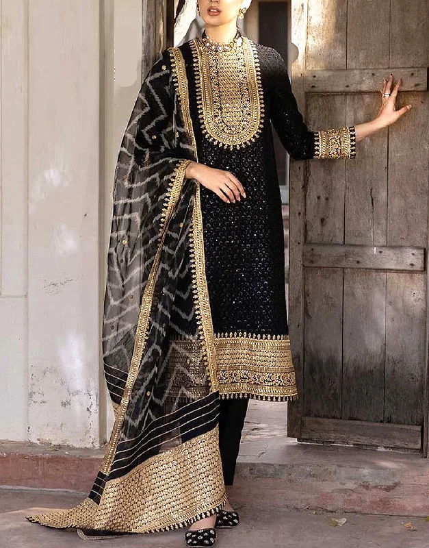 Embroidered Black Chiffon Party Wear Dress (DZ14897)