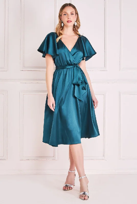 Goddiva Flutter Sleeve With Elastic Midi Dress - Emerald Green