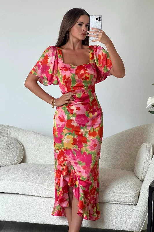 Heidi Orange Floral Ruched Midi Dress