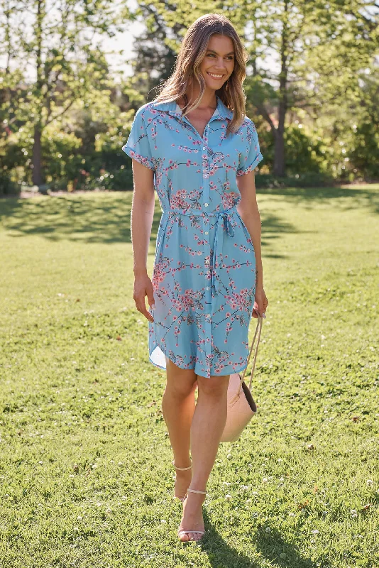 Maddison Shirt Dress In Pale Blue With Pink Cherry Blossom