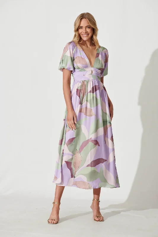 Mel Maxi Dress In Lilac Multi Leaf Print Satin