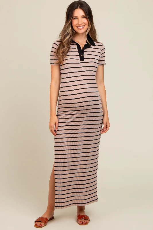 Mocha Striped Collared Side Slit Maternity Maxi Dress