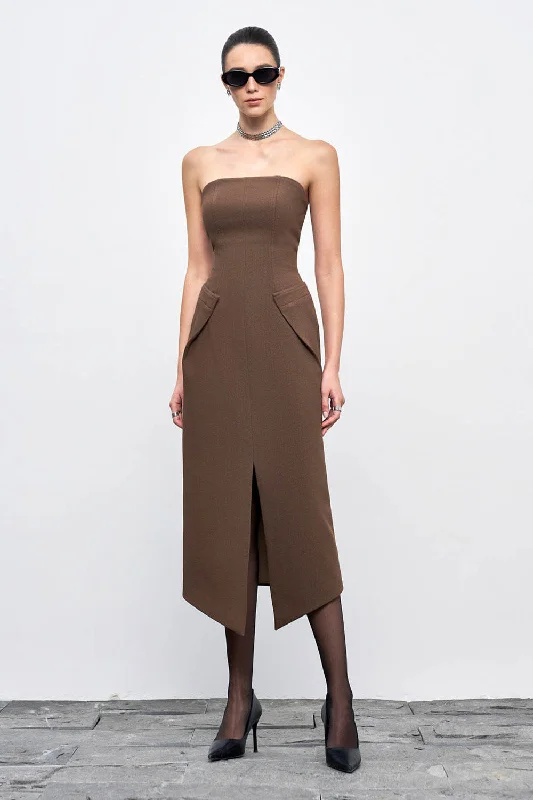 Nova Strapless Front Slit Crepe Midi Dress