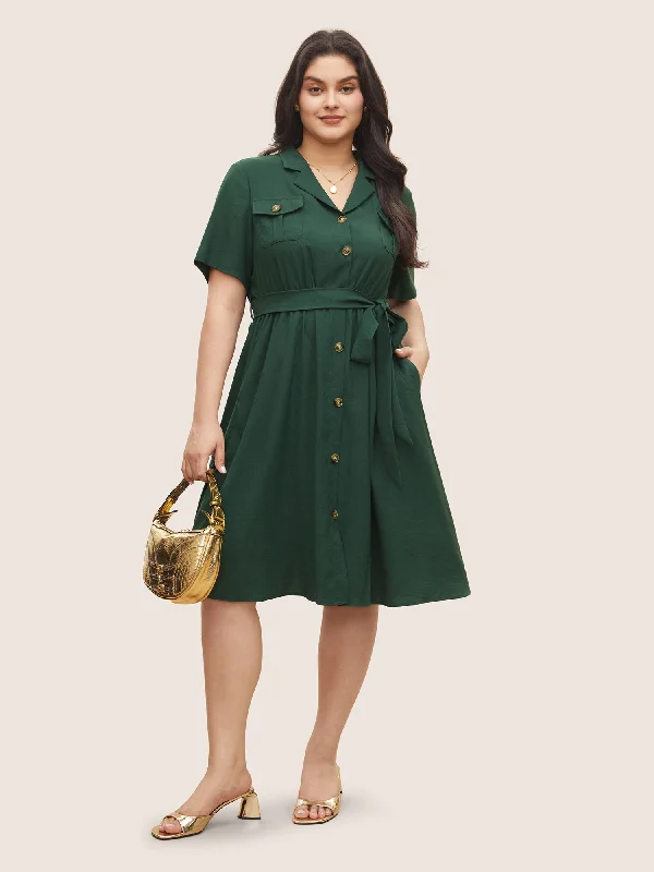 Plain Suit Collar Belted Flap Detail Dress