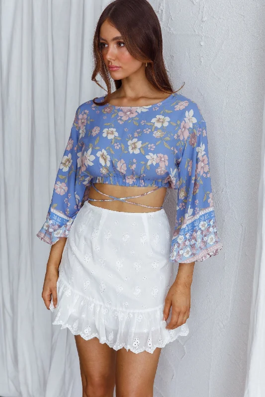 Sea View Long Sleeve Crop Top Floral Blue