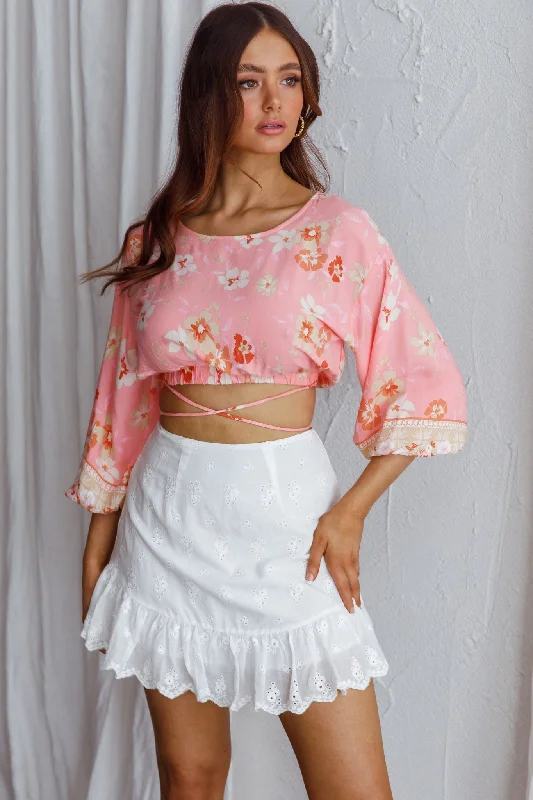 Sea View Long Sleeve Crop Top Floral Pink