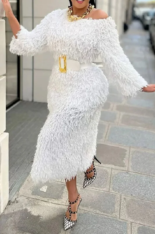 Solid Color Fluffy Tassel Belted Midi Dress