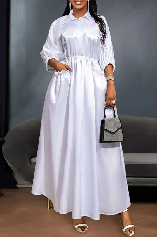 Solid Color Shirt Collar Modern A-Line Maxi Dress