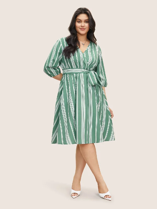 Striped Elastic Waist Belted Wrap Dress