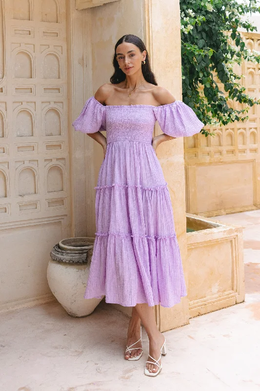 Thalia Lilac Puff Sleeve Midi Dress