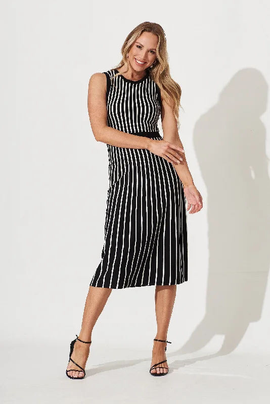 Vicky Midi Knit Dress In Black With White Stripe Cotton Blend