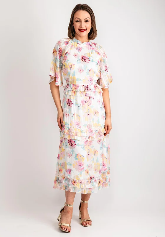 Vila Voline Floral Frill Trim Dress, Egret