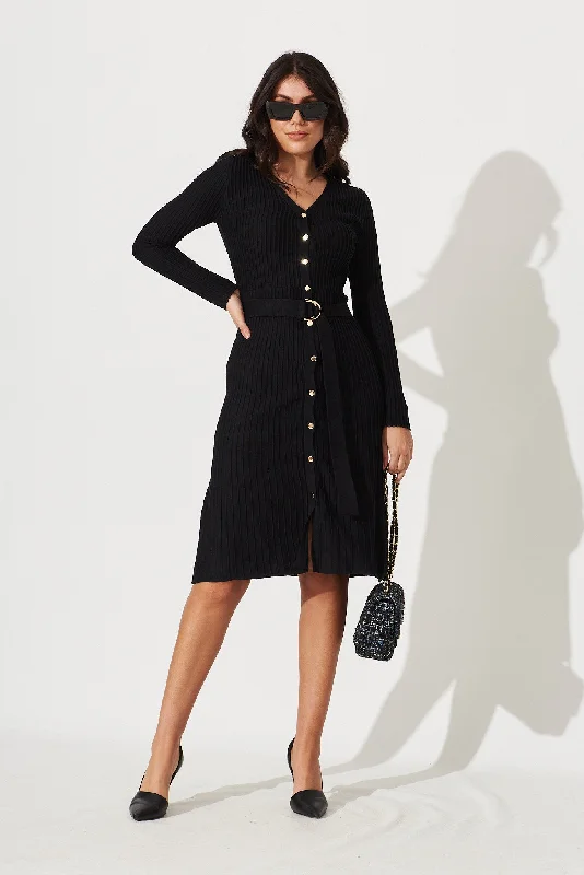 Wallis Midi Knit Dress In Black Cotton Blend