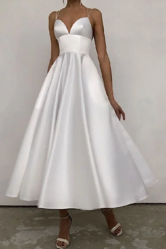 A-line Tea-Length White Wedding Gown with Straps Back