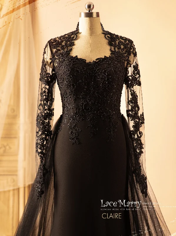 CLAIRE / Elegant Black Wedding Dress with Removable Tulle Train