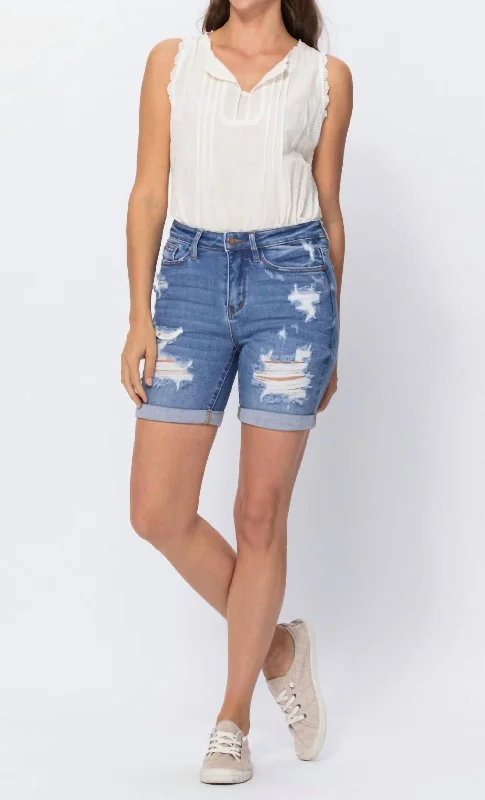 Distressed Bermuda Denim Shorts In Medium Wash