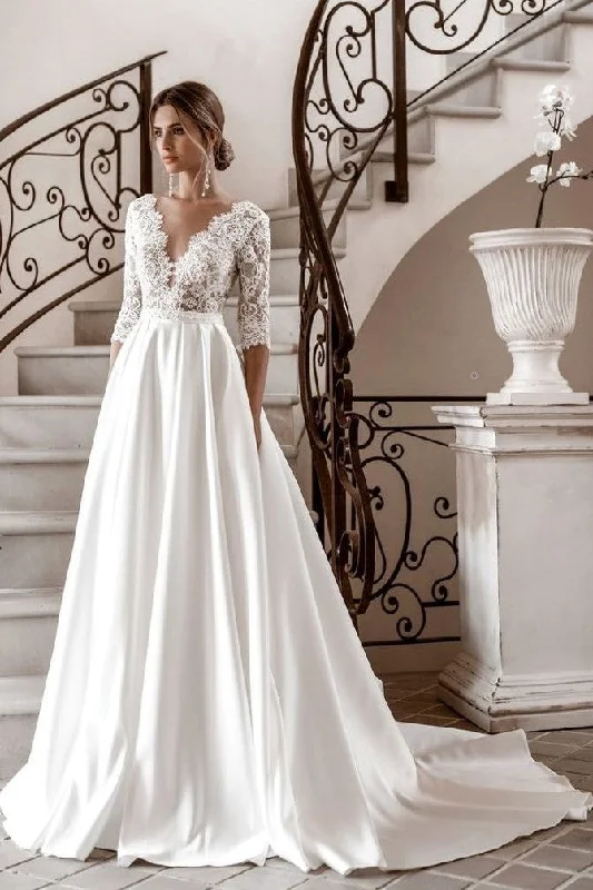 Lace Satin Bride Wedding Gown with Half Sleeves