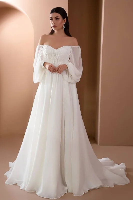 Pleated Chiffon Beach Wedding Gowns with Off-the-shoulder Sleeves