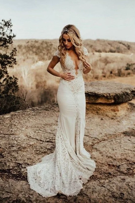 Plunging Neck Lace Bridal Gown with Cap Sleeves