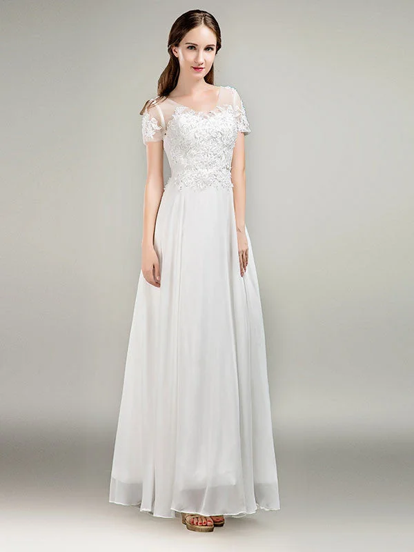 Simple Short Sleeves Lace Chiffon Wedding Dress