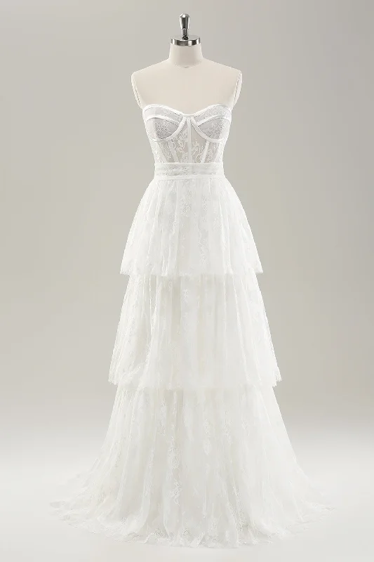 Elegant White Strapless Corset Tiered Long Wedding Dress with Lace