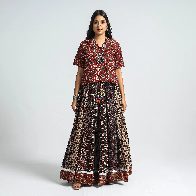 Multicolor - Ajrakh Block Printed 24 Kali Patchwork Cotton Long Skirt