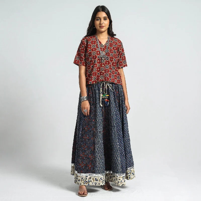 Blue - Ajrakh Block Printed 24 Kali Patchwork Cotton Long Skirt