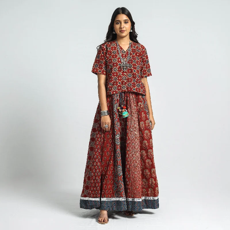 Red - Ajrakh Block Printed 24 Kali Patchwork Cotton Long Skirt