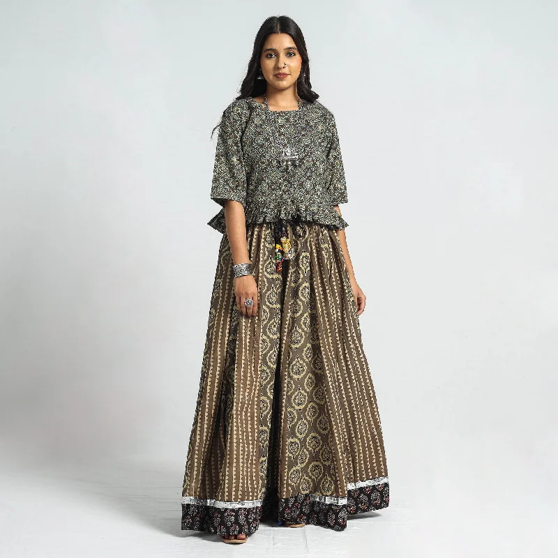 Brown - Ajrakh Block Printed 24 Kali Patchwork Cotton Long Skirt