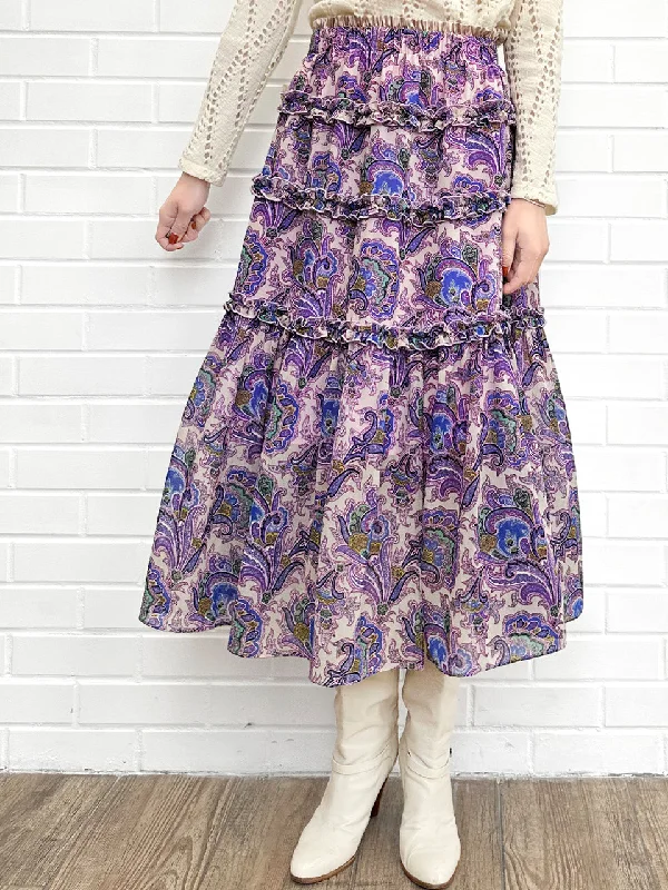 Purple Paisley Ruffle Tiers Chiffon Airy Maxi Skirt