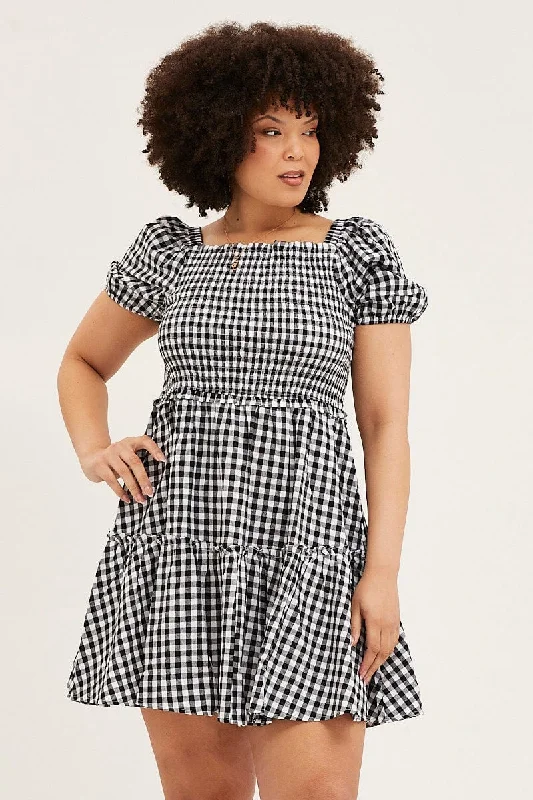 Check Skater Dress Square Neck Short Sleeve Tie