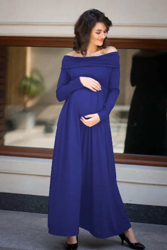 Classic Blue Cowl Neck Off-shoulder Lycra Maternity Maxi Dress