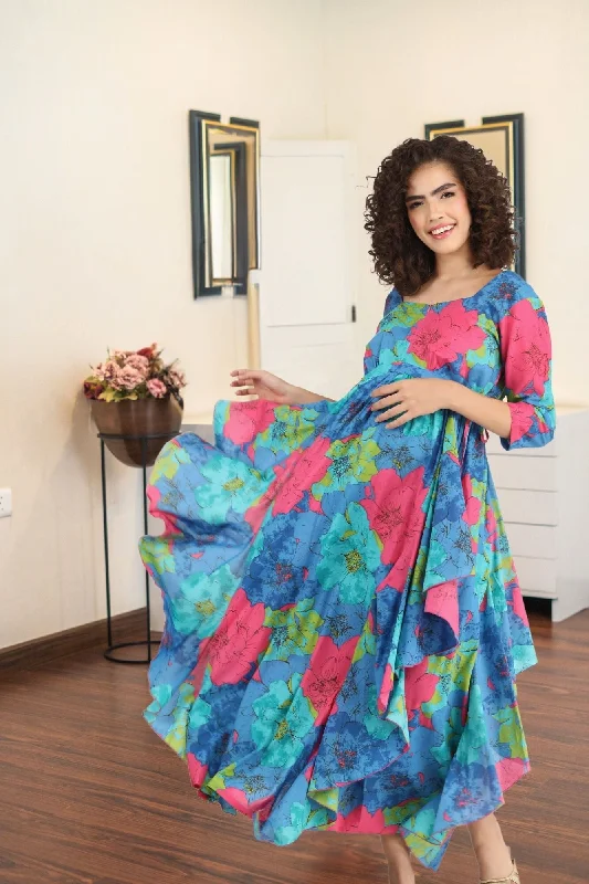 Dazzling Blue Maternity & Nursing Flow Dress (100% Cotton)