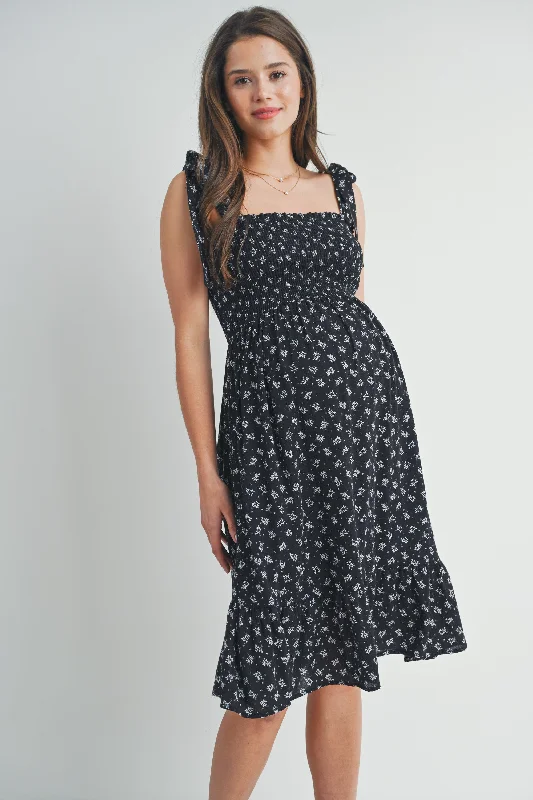 Floral Smocked Tie Shoulder Maternity Dress