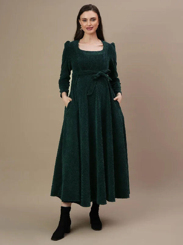 Green Woolen Maternity Gown with Belt