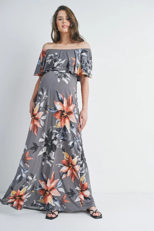 Grey Floral Ruffle Off The Shoulder Maxi Maternity Dress