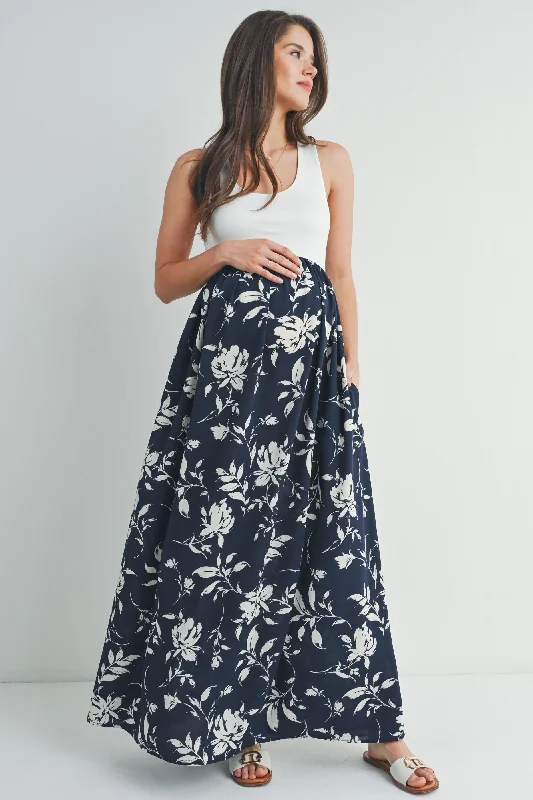 Ivory Navy Color Block Floral Print Tank Maternity Maxi Dress