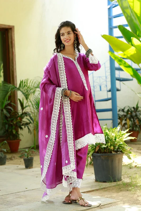 Luxe Magenta Chanderi Maternity & Nursing Kurta + Bump Band Bottom + Dupatta (3 Pc)