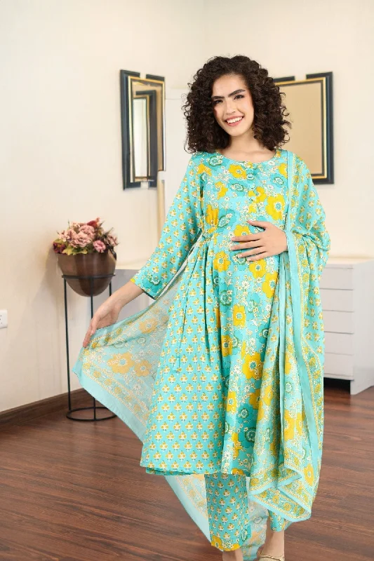 Moonflower Maternity & Nursing Kurta + Bump Band Bottom + Dupatta (3 Pc) (100% Cotton)